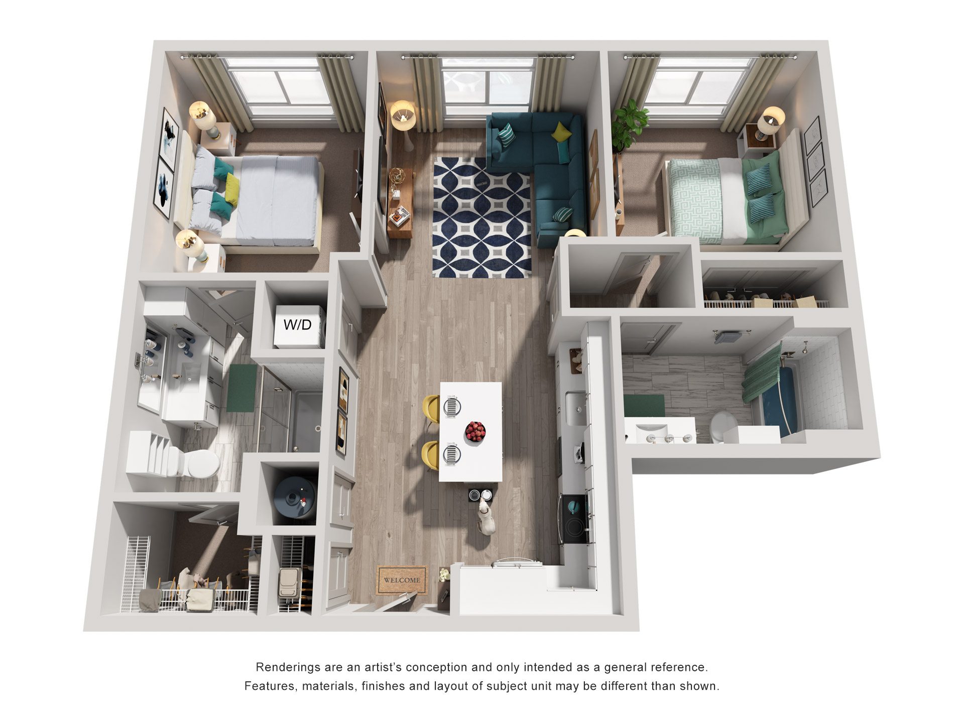 Floor plan for 2 beds, 2 baths, 1004 sqft